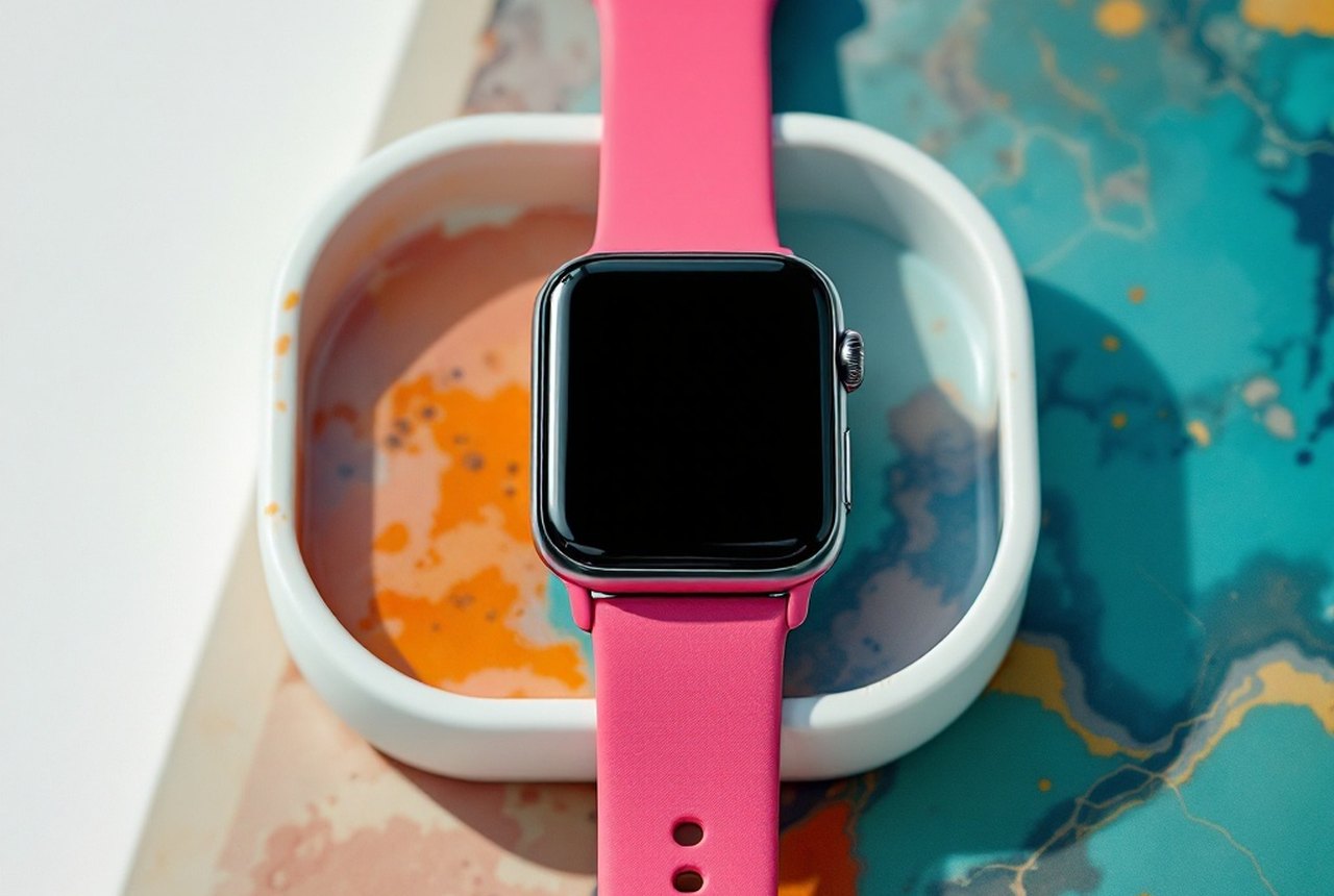 Bold-coloured sport band against white ceramic case