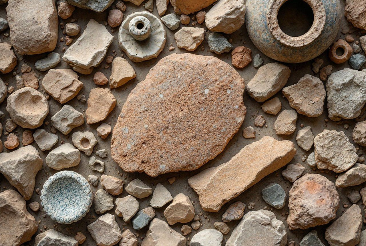 Ancient pottery shards or archaeological ceramic fragments