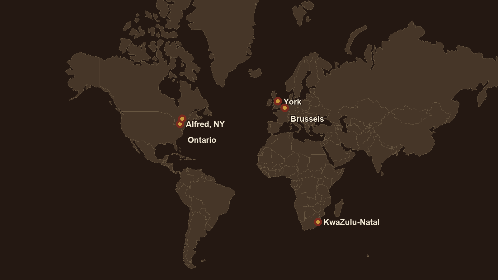 Map showing Alfred, NY, Ontario, York, Brussels, KwaZulu-Natal