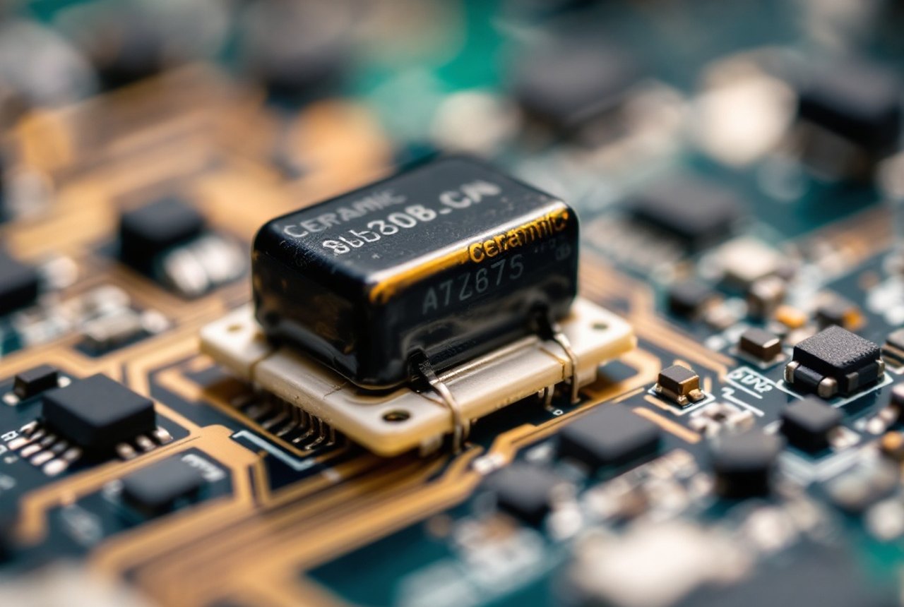 Macro photograph of a ceramic capacitor on a circuit board