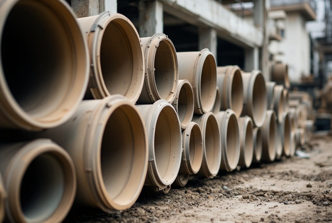 Stoneware drainage pipes stacked at a construction site