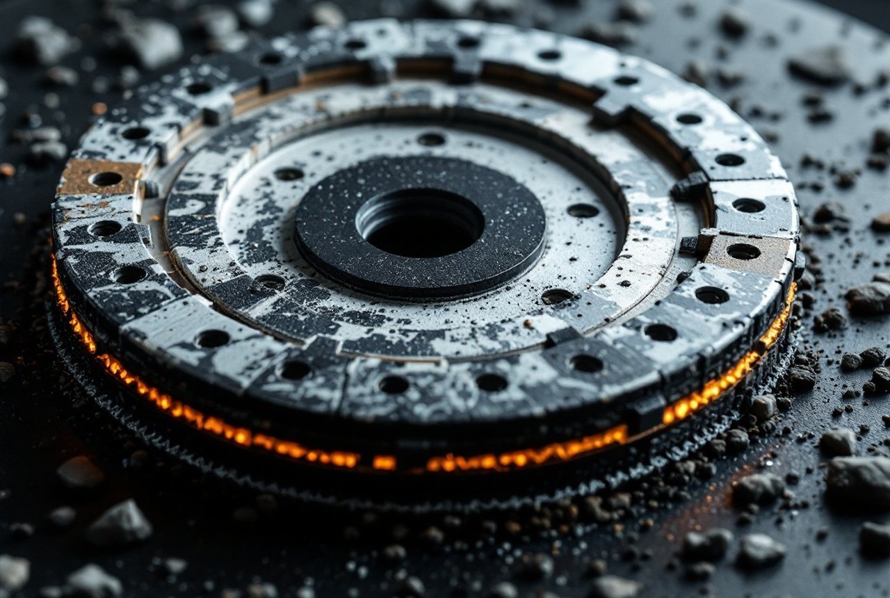 Cross-section or macro shot of a carbon-ceramic brake disc showing its layered composite structure