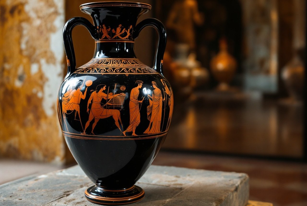 Ancient Greek red-figure amphora with narrative scene