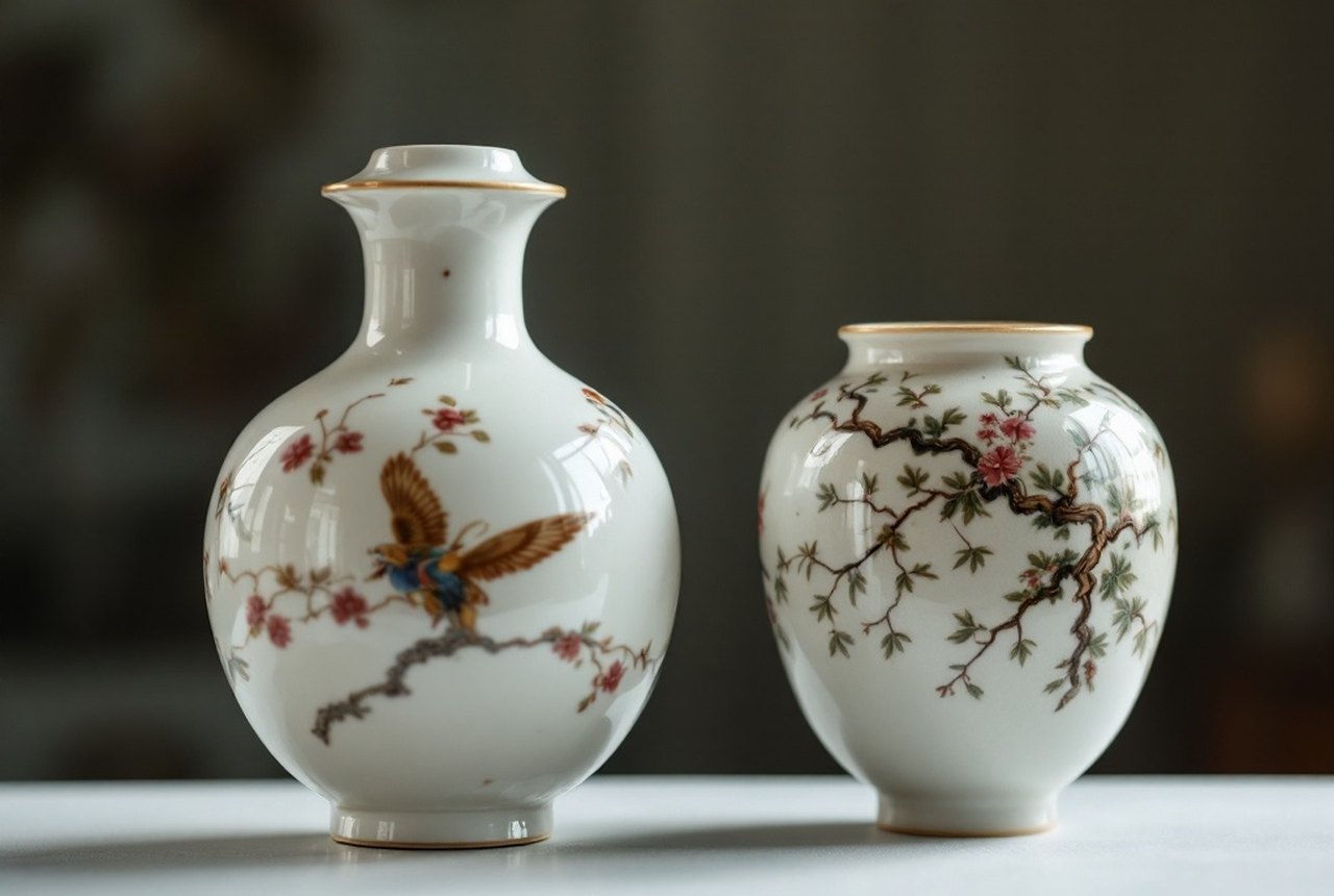 Meissen hard-paste porcelain piece alongside Chinese porcelain for comparison