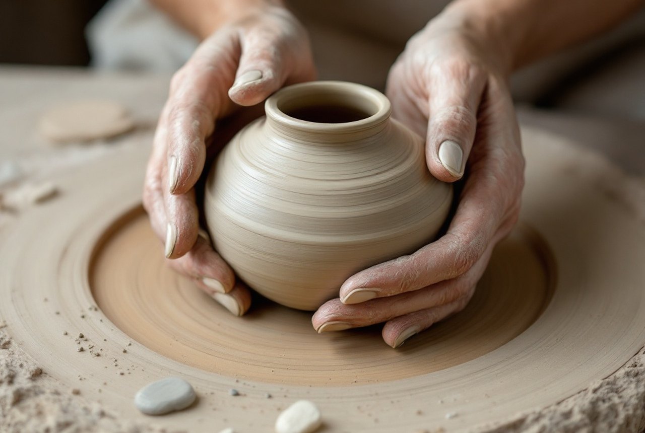 Hands coil-building a clay vessel