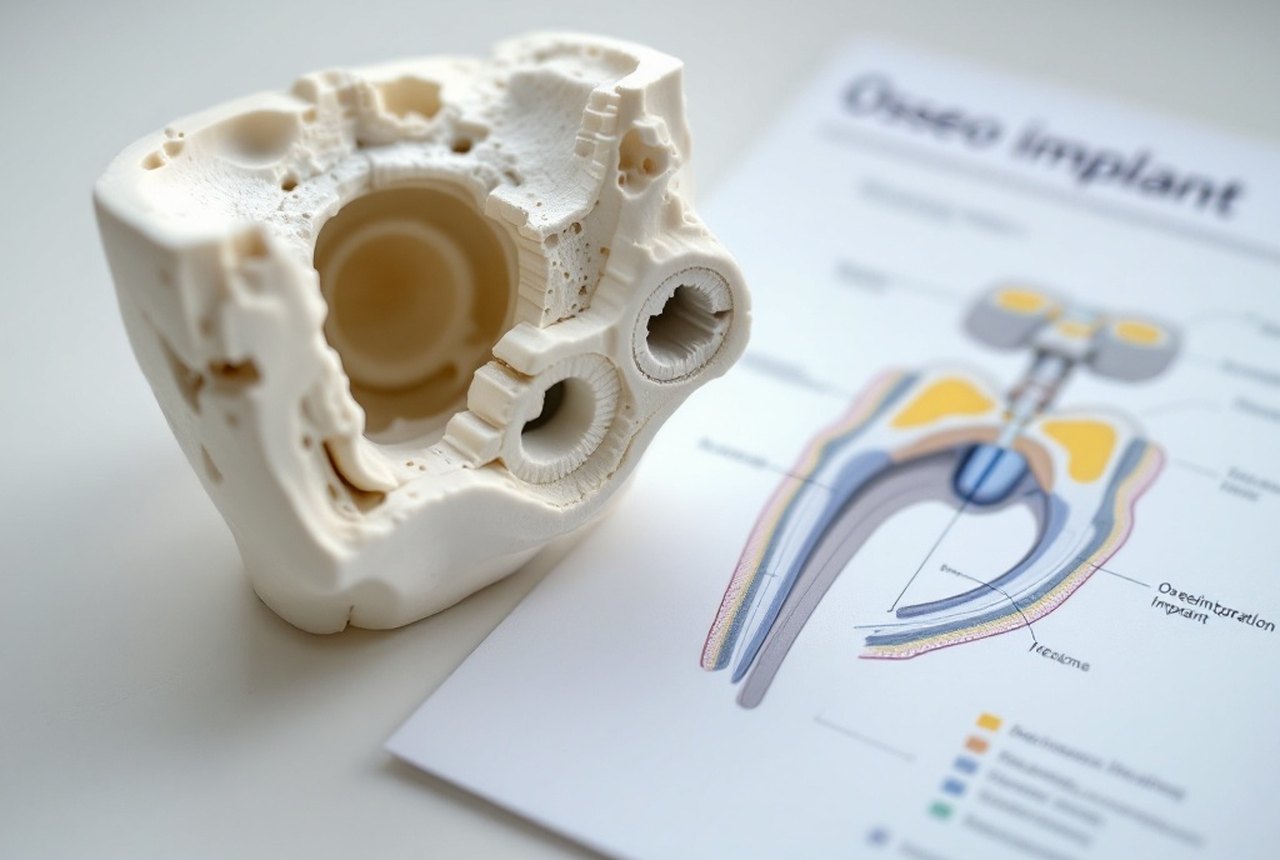 Cross-section of a ceramic hip implant beside a diagram of osseointegration