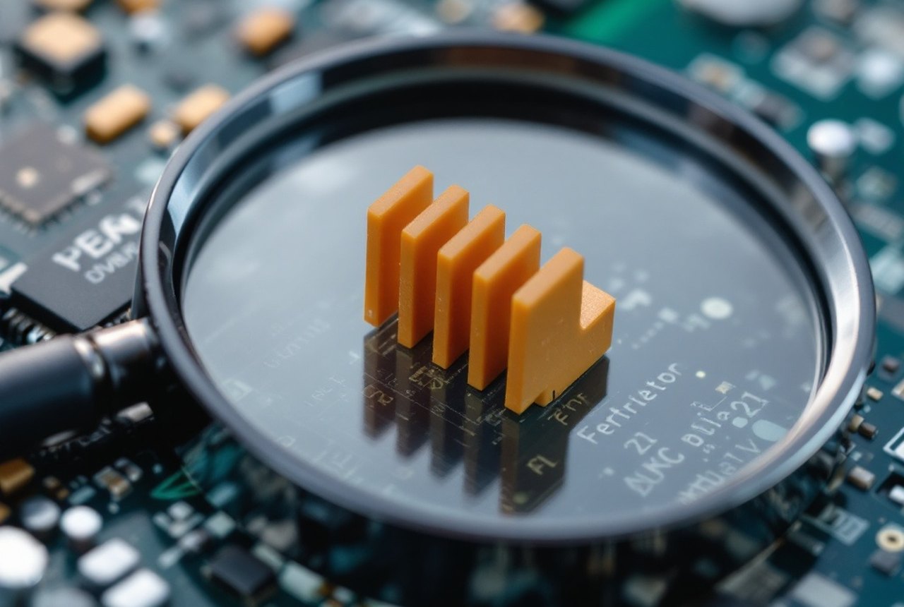 Magnified ceramic ferrite component alongside a smartphone circuit board