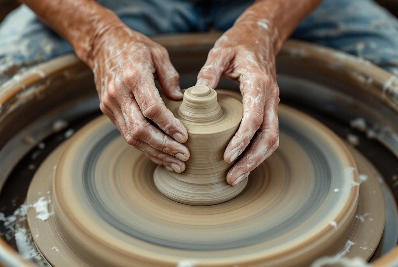 Hands centering clay on a spinning wheel, water visible