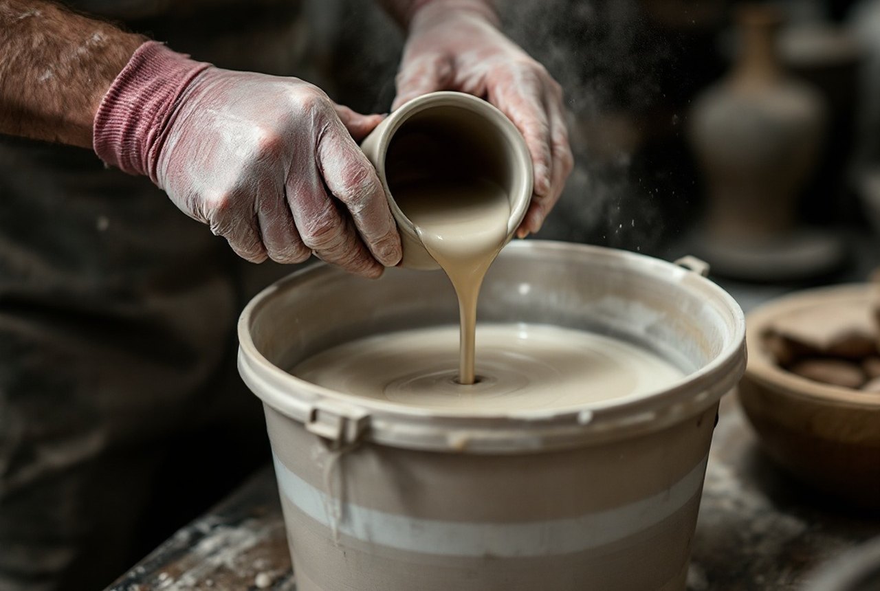 Dipping a vessel into a bucket of glaze