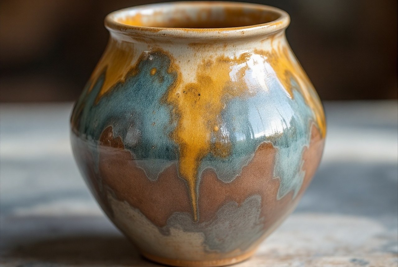 Fired earthenware piece with coloured glaze, finished