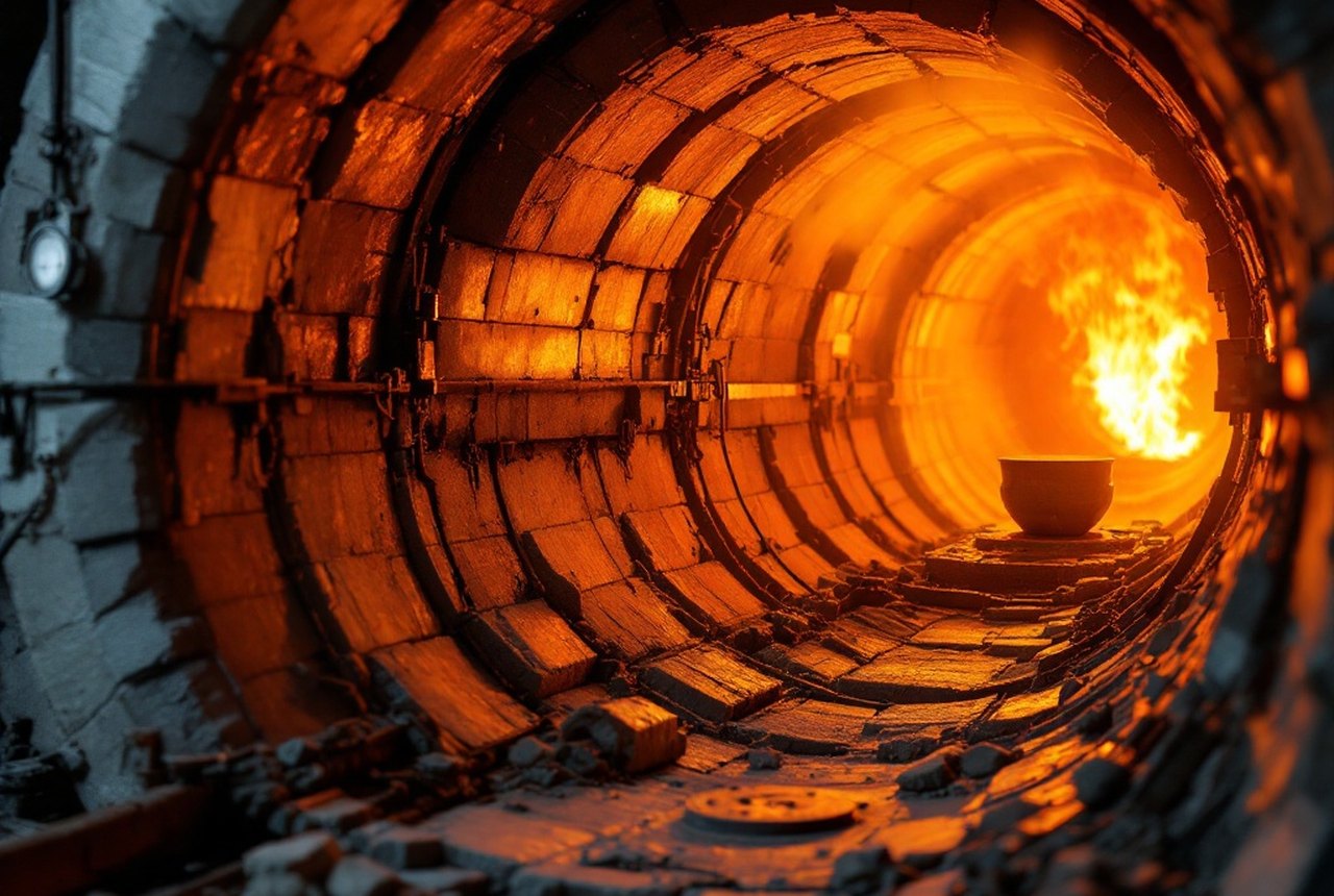 Close-up of a refractory-lined industrial furnace interior glowing with heat