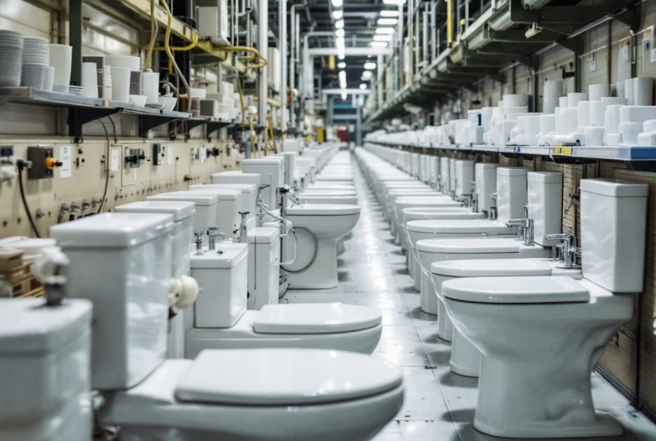 Rows of white vitrified sanitary ware in a production facility