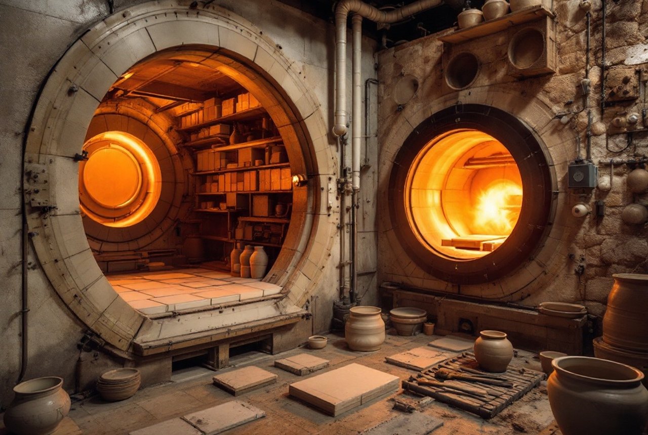 Interior of a modern industrial ceramic kiln with tiles being fired