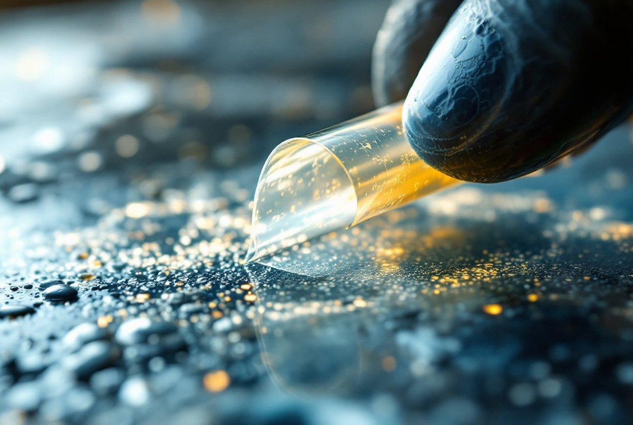 Close-up macro photograph of an ultra-thin transparent film being peeled from a flat substrate