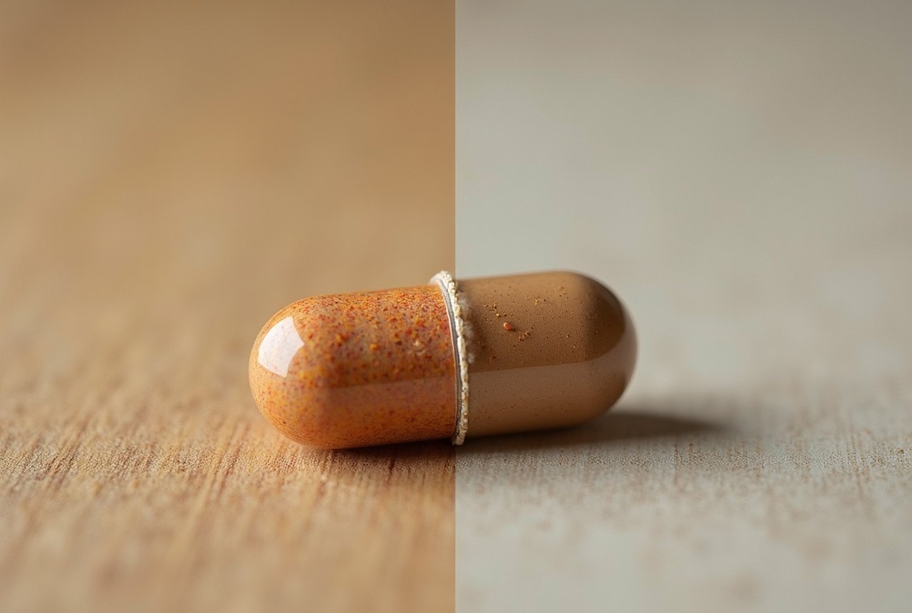Split image of a food product with visible edible coating alongside a pharmaceutical capsule